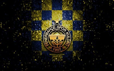 Fenerbahce FC, glitter logo, Turkish Super League, blue yellow checkered background, soccer, Fenerbahce SK, turkish football club, Fenerbahce logo, mosaic art, football, Turkey