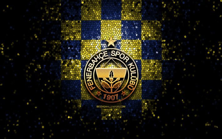 Fenerbahce FC, glitter logotyp, Turkiska Super League, bl&#229; gul rutig bakgrund, fotboll, Fenerbahce SK, turkish football club, Fenerbahce logotyp, mosaik konst, Turkiet