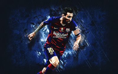 Lionel Messi, O FC Barcelona, a estrela do futebol, Leo Messi, criativo fundo azul, A Liga, futebol, Espanha