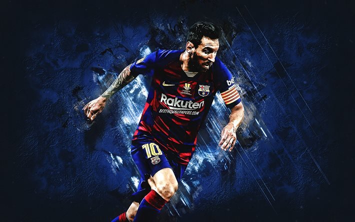 Lionel Messi, le FC Barcelone, la star du football, Leo Messi, cr&#233;atif, fond bleu, La Liga, football, Espagne