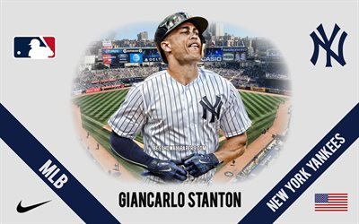 Giancarlo Stanton, New York Yankees, American Baseball Player, MLB, portrait, USA, baseball, Yankee Stadium, New York Yankees logo, Major League Baseball, Giancarlo Cruz Michael Stanton