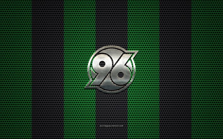 Hannover 96-logo, Saksalainen jalkapalloseura, metalli-tunnus, vihre&#228;-musta metalli mesh tausta, Hannover 96, 2 Bundesliga, Hannover, Saksa, jalkapallo