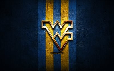 West Virginia Mountaineers, golden logo, NCAA, blue metal background, american football club, West Virginia Mountaineers logo, american football, USA