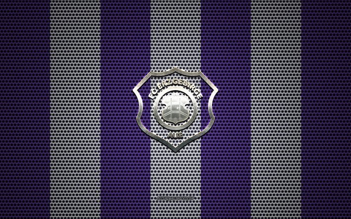 FC Erzgebirge Aue logo, squadra di calcio tedesca, metallo emblema, viola-bianco maglia metallica sfondo, FC Erzgebirge Aue, 2 Bundesliga, Aue, Germania, calcio