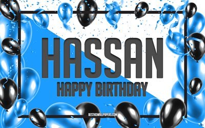 Happy Birthday Hassan, Birthday Balloons Background, Hassan, wallpapers with names, Hassan Happy Birthday, Blue Balloons Birthday Background, greeting card, Hassan Birthday