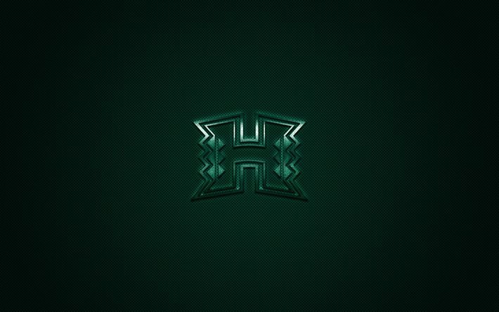 Hawaii Rainbow Warriors logo, American football club, NCAA, green logo, green carbon fiber background, American football, Honolulu, Hawaii, USA, Hawaii Rainbow Warriors