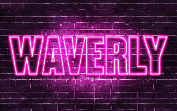 Waverly, 4k, fondos de pantalla con los nombres, los nombres femeninos, Waverly nombre, p&#250;rpura luces de ne&#243;n, Feliz Cumplea&#241;os Waverly, imagen con el nombre de Waverly