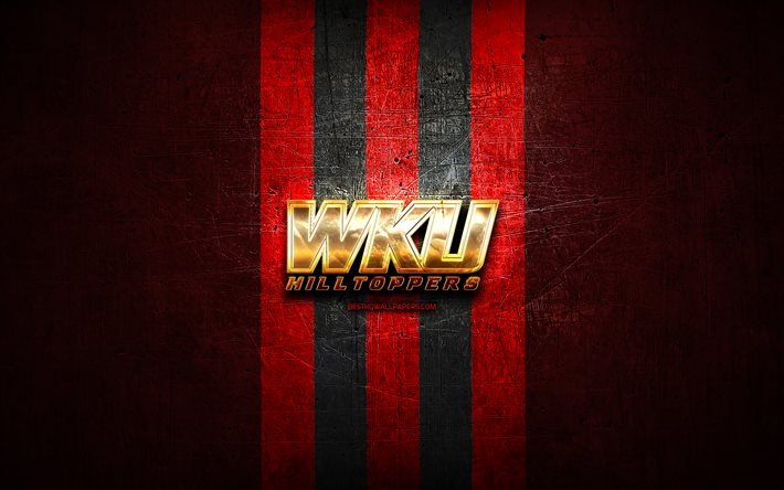 Western Kentucky Hilltoppers, golden logotyp, NCAA, red metal bakgrund, amerikansk football club, Western Kentucky Hilltoppers logotyp, amerikansk fotboll, USA