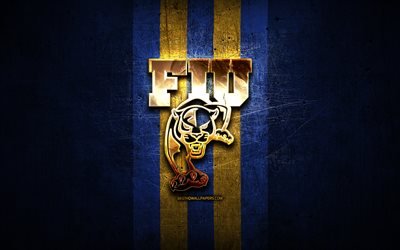 FIU Panteras, ouro logotipo, NCAA, metal azul de fundo, americano futebol clube, FIU Panteras logotipo, futebol americano, EUA