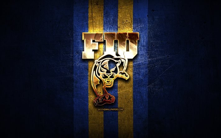 FIU Panthers, altın logo, NCAA, mavi metal arka plan, Amerikan Futbol Kul&#252;b&#252;, FIU Panter logosu, Amerikan Futbolu, ABD