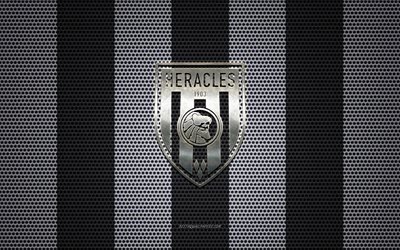 Heracles Almelo logo, club de foot n&#233;erlandais, embl&#232;me m&#233;tallique, noir et blanc de maille en m&#233;tal d&#39;arri&#232;re-plan, Heracles Almelo, Eredivisie, Almelo, pays-bas, le football