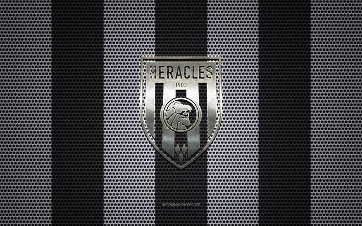 Heracles Almelo logo, olandese football club, metallo emblema, in bianco e nero di maglia di metallo sfondo, Heracles Almelo, Eredivisie, Almelo, paesi Bassi, calcio