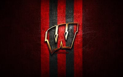 Wisconsin Badgers, logo dor&#233;, NCAA, rouge m&#233;tal, fond, football am&#233;ricain club, Wisconsin Badgers logo, football am&#233;ricain, &#233;tats-unis