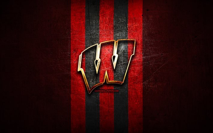 Wisconsin Badgers, golden logo, NCAA, red metal background, american football club, Wisconsin Badgers logo, american football, USA