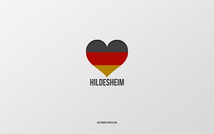 Mi piace Hildesheim, citt&#224; tedesche, sfondo grigio, Germania, tedesco, bandiera, cuore, Hildesheim, citt&#224; preferite, Amore Hildesheim