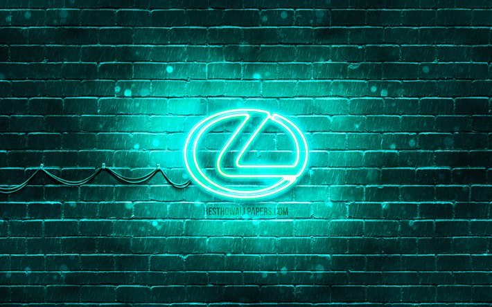 Lexus turquoise logo, 4k, turquoise brickwall, Lexus logo, cars brands, Lexus neon logo, Lexus