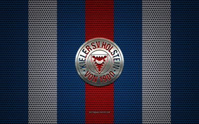 Holstein Kiel logo, club de football allemand, embl&#232;me m&#233;tallique, bleu, blanc, maille en m&#233;tal d&#39;arri&#232;re-plan, Holstein Kiel, 2 Bundesliga, Kiel, en Allemagne, le football