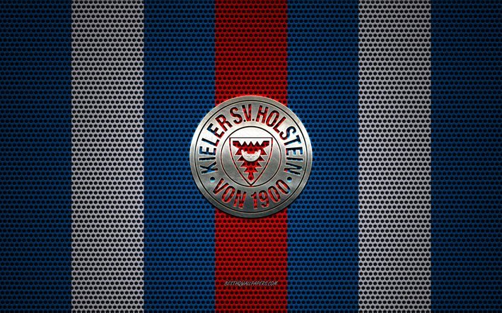 Holstein Kiel logo, German football club, metal emblem, blue white metal mesh background, Holstein Kiel, 2 Bundesliga, Kiel, Germany, football