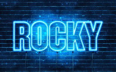 Rocky, 4k, les papiers peints avec les noms, le texte horizontal, Rocky nom, Joyeux Anniversaire Rocheux, bleu n&#233;on, une photo avec le nom de Rocky