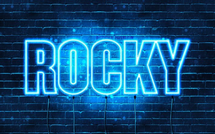 Download wallpapers Rocky, 4k, wallpapers with names, horizontal text, Rocky  name, Happy Birthday Rocky, blue neon lights, picture with Rocky name for  desktop free. Pictures for desktop free