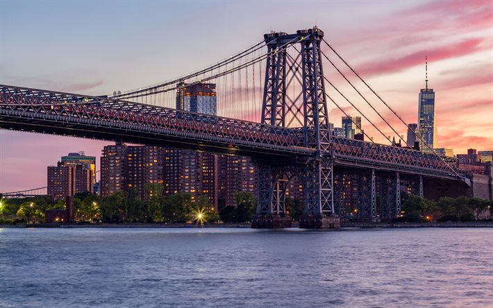 4k, Manhattan Bridge, sunset, panorama, american cities, nightscapes, NYC, New York in evening, skyscrapers, Manhattan, New York, USA, Cities of New York, America