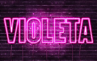 Violeta, 4k, wallpapers with names, female names, Violeta name, purple neon lights, Happy Birthday Violeta, picture with Violeta name