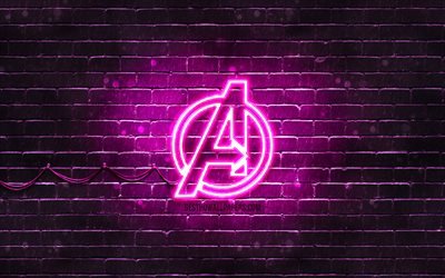 Avengers purple logo, 4k, purple brickwall, Avengers logo, superheroes, Avengers neon logo, Avengers