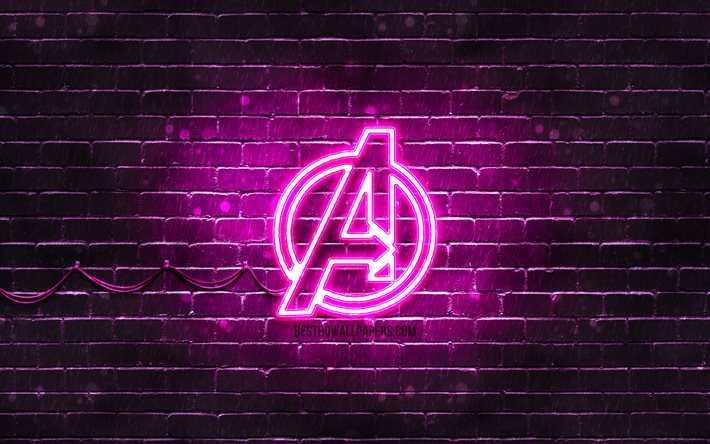 Avengers purple logo, 4k, purple brickwall, Avengers logo, superheroes, Avengers neon logo, Avengers