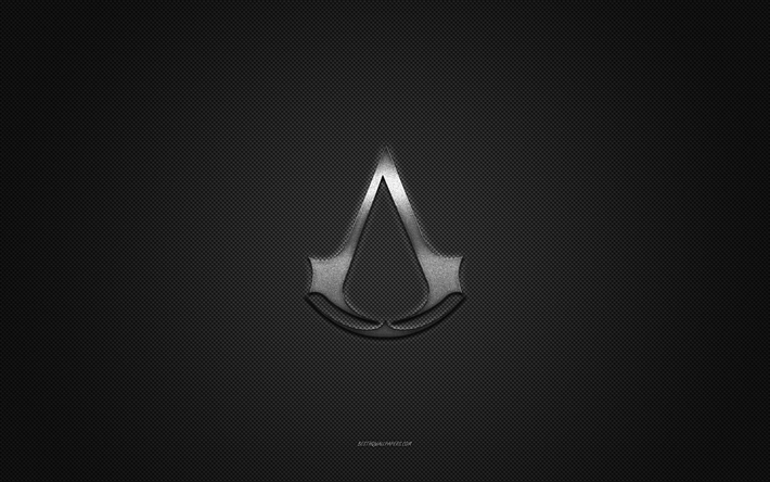 Assassins Creed logo, silver shiny logo, Assassins Creed metal emblem, gray carbon fiber texture, Assassins Creed, brands, creative art, Assassins Creed emblem