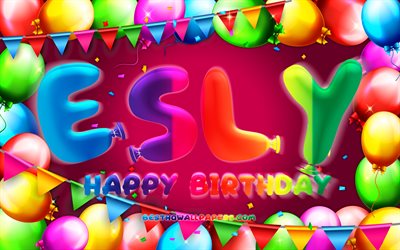 お誕生日おめでとうエスリー, chk, カラフルなバルーンフレーム, 名前の場合, 紫の背景, eslyお誕生日おめでとう, エスリーバースデー, 人気のメキシコの女性の名前, 誕生日のコンセプト, エスリー