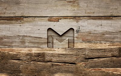 gmailの木製ロゴ, チェーカー, 木製の背景, ブランド, gmailのロゴ, クリエイティブ, 木彫り, gmail