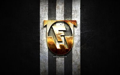 hafnarfjordur fc, goldenes logo, isl&#228;ndische fu&#223;ballliga, schwarzer metallhintergrund, fu&#223;ball, isl&#228;ndischer fu&#223;ballverein, hafnarfjordur fc-logo, fh hafnarfjordur