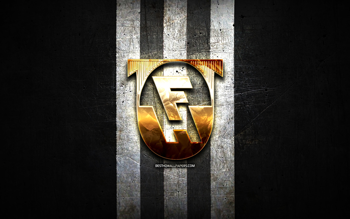 hafnarfjordur fc, logo dorato, lega di calcio islandese, sfondo in metallo nero, calcio, squadra di calcio islandese, logo hafnarfjordur fc, fh hafnarfjordur