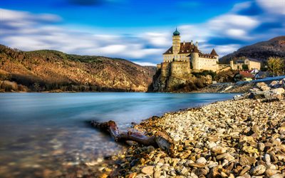 4k, Schonbuhel Castle, morning, castles of Austria, Danube River, ancient castle, Wachau Valley, Schonbuhel-Aggsbach, Austria