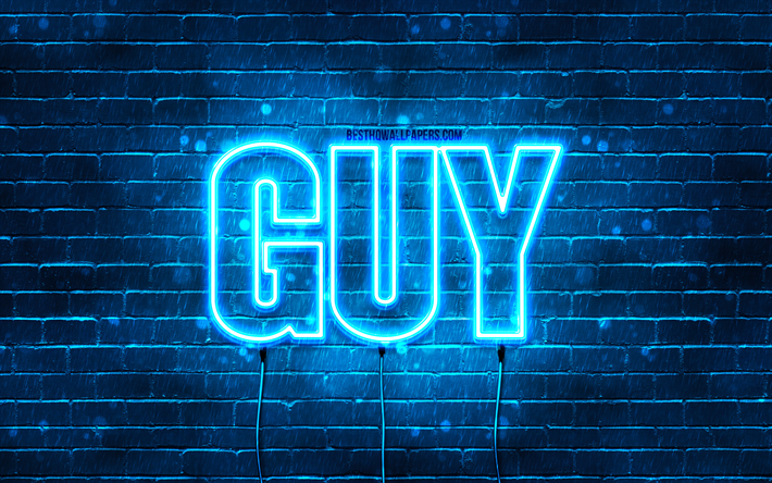 Happy Birthday Guy, 4k, blue neon lights, Guy name, creative, Guy Happy Birthday, Guy Birthday, popular french male names, picture with Guy name, Guy
