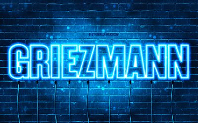 Happy Birthday Griezmann, 4k, blue neon lights, Griezmann name, creative, Griezmann Happy Birthday, Griezmann Birthday, popular french male names, picture with Griezmann name, Griezmann