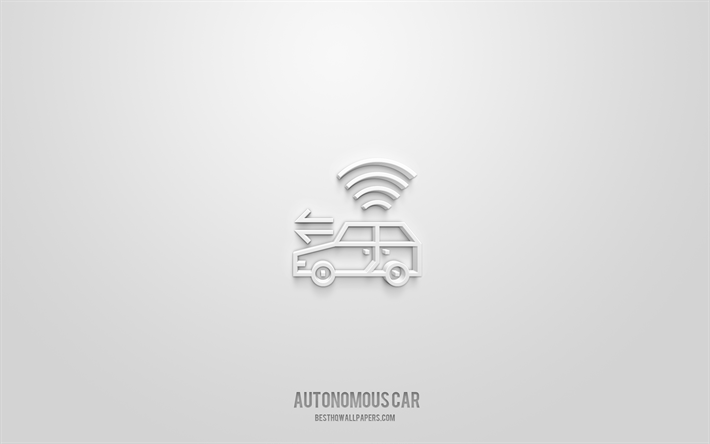 icona 3d di auto autonoma, sfondo bianco, simboli 3d, auto autonoma, icone di trasporto, icone 3d, segno di auto autonoma, icone di trasporto 3d