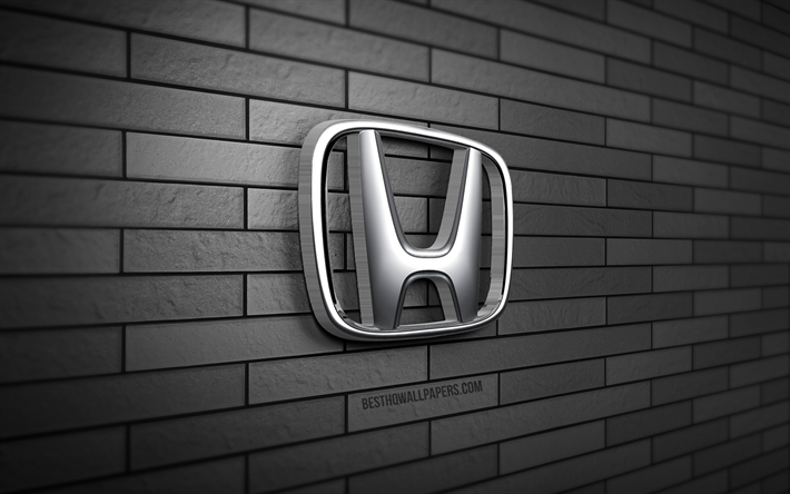 honda 3d logo, 4k gray brickwall, creative cars brands, honda logo, honda metal logo, 3d art, honda