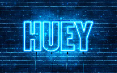 Happy Birthday Huey, 4k, blue neon lights, Huey name, creative, Huey Happy Birthday, Huey Birthday, popular french male names, picture with Huey name, Huey