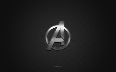 Avengers logo, silver shiny logo, Avengers metal emblem, gray carbon fiber texture, Avengers, brands, creative art, Avengers emblem