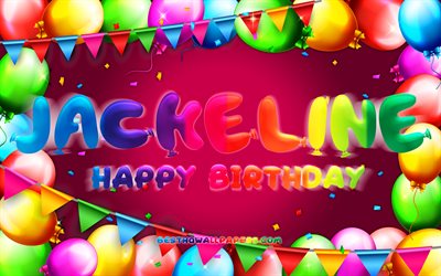 Happy Birthday Jackeline, 4k, colorful balloon frame, Jackeline name, purple background, Jackeline Happy Birthday, Jackeline Birthday, popular mexican female names, Birthday concept, Jackeline