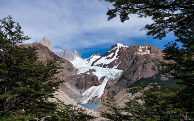 mountain lake, Patagonia, Andes, mountains, mountain landscape, snow, Argentina, forest