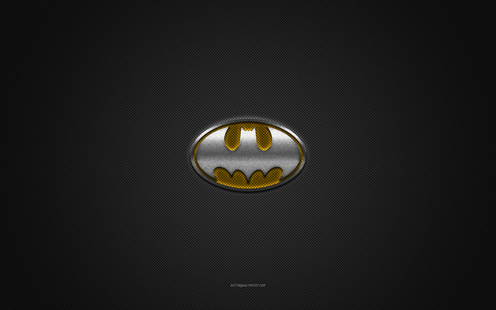 Batman logo, yellow shiny logo, Batman metal emblem, gray carbon fiber texture, Batman, brands, creative art, Batman emblem