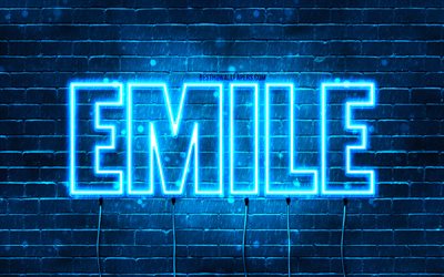 Happy Birthday Emile, 4k, blue neon lights, Emile name, creative, Emile Happy Birthday, Emile Birthday, popular french male names, picture with Emile name, Emile