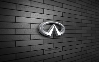 infiniti 3d logo, 4k, cinza brickwall, criativo, marcas de carros, infiniti logo, infiniti metal logo, arte 3d, infiniti