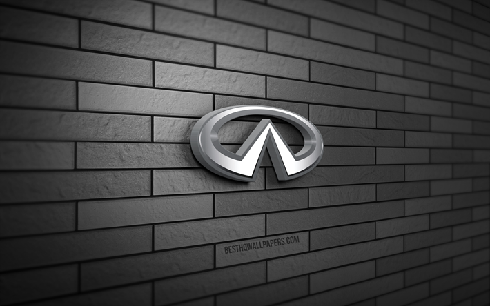 Infiniti 3D logo, 4K, gray brickwall, creative, cars brands, Infiniti logo, Infiniti metal logo, 3D art, Infiniti