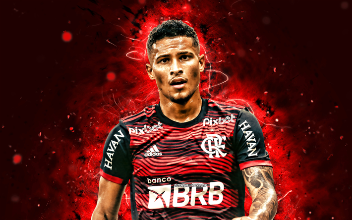 Joao Gomes, 4k, 2022, red neon lights, Flamengo FC, brazilian footballers, Serie A, Brazil, football, Joao Gomes Flamengo, Joao Gomes 4K