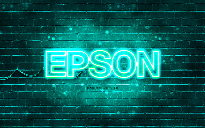 Epson turquoise logo, 4k, turquoise neon lights, creative, turquoise abstract background, Epson logo, brands, Epson