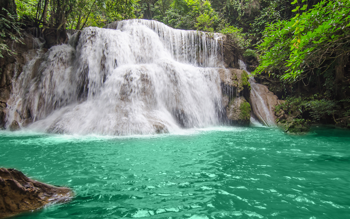 thailand, 4k, turkost vatten, vattenfall, skog, djungel, kaskader, vacker natur, asien