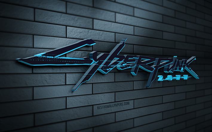 Cyberpunk 2077 3D logo, 4K, blue brickwall, creative, online games, Cyberpunk 2077 logo, 3D art, Cyberpunk 2077